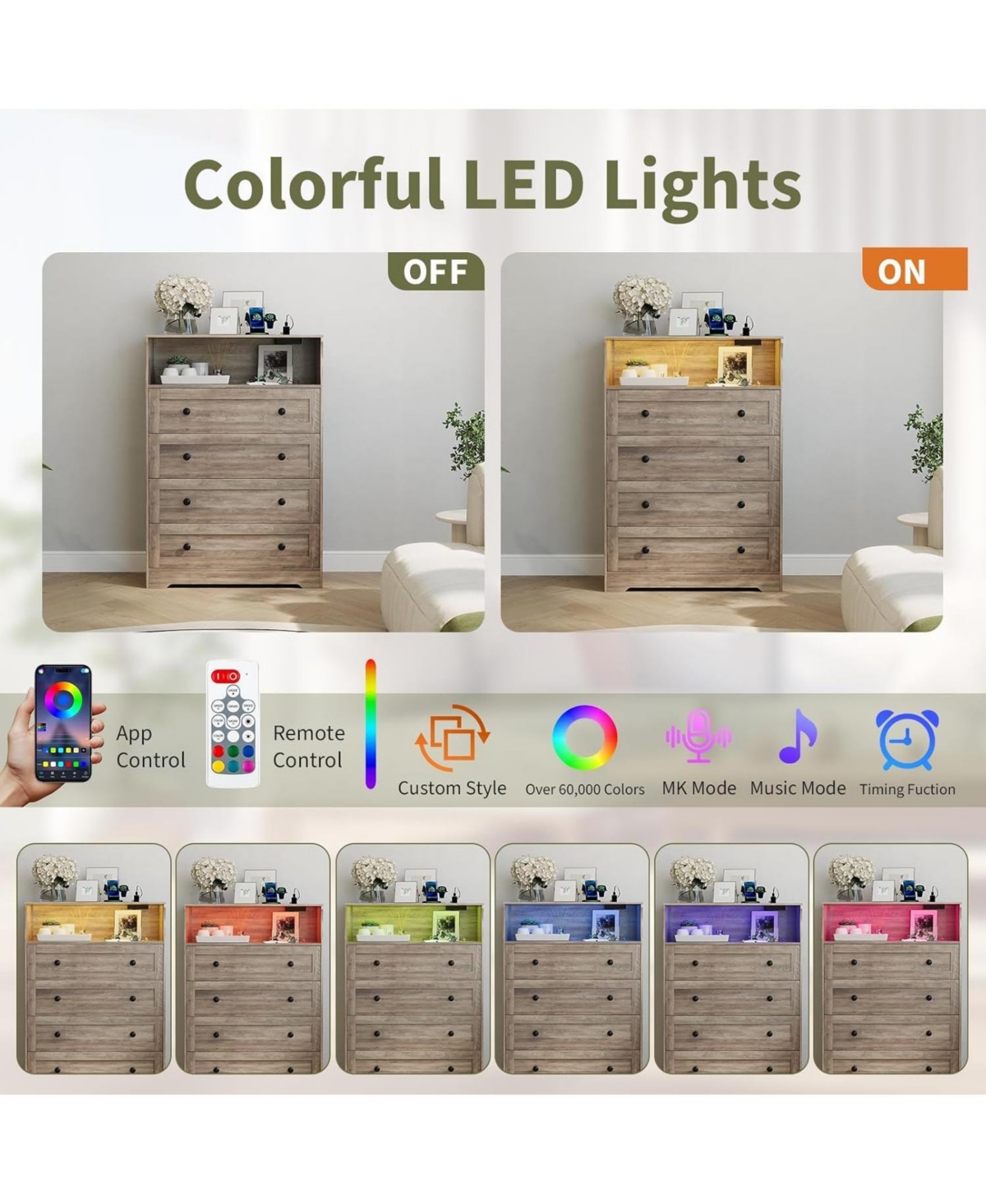gaomon 4-Drawer Dresser with Charging Station & Led Light, Skinny Vertical Chest with Open Shelf, Bedroom Dresser for Closet