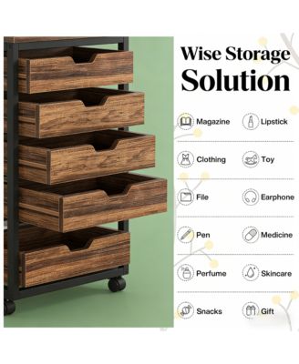 5-Drawer Mobile Storage Cabinet, Industrial Wood Drawer Organizer with Wheels for Office, Bedroom and Entryway