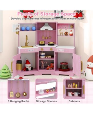 Pretend Play Kitchen Wooden Toy Set with Range Hood, Realistic Lights & Sounds