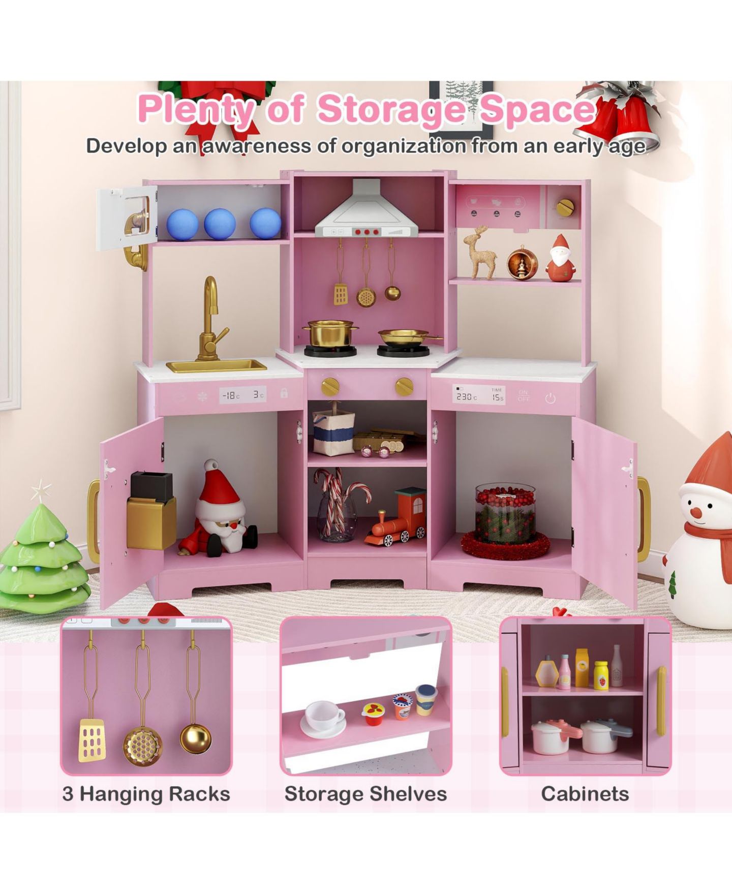 Детский игровой набор Mecale Lights & Sounds Wooden Play Kitchen Playset, Ages 3+, цвет: Розовый — фото 10