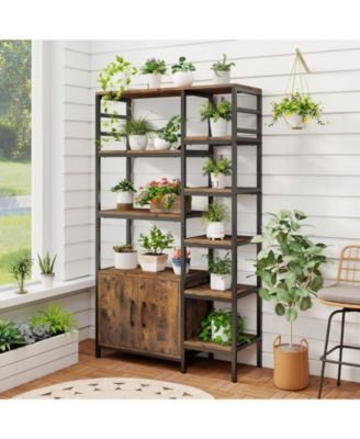 Double Wide 8-Tier Bookshelf with 2-Door Cabinet for Living Room Home Office-Rustic