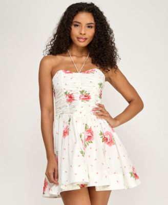 Juniors' Floral Halter Neck Mini Dress