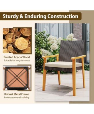 Patio Dining Chair 2 PCS w/Cushion Wood Armrests Metal Frame for Garden