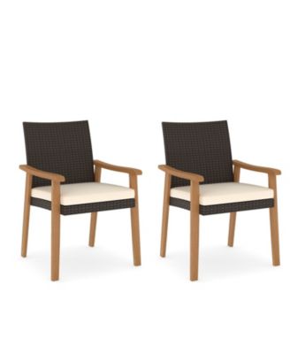 Patio Dining Chair 2 PCS w/Cushion Wood Armrests Metal Frame for Garden