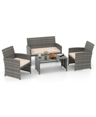 4PCS Patio Outdoor Conversation Set w/Seat Cushions & Tempered Glass Tabletop