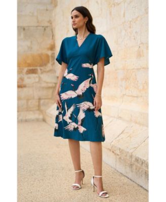 Women's Crane Print Kimono Midi Dress
