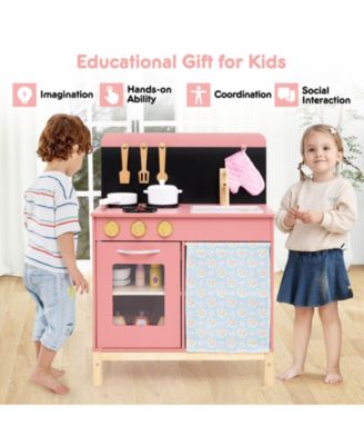 Play Kitchen for Kids, Wooden Kitchen Playset with Door Curtain for Role-Playing Fun