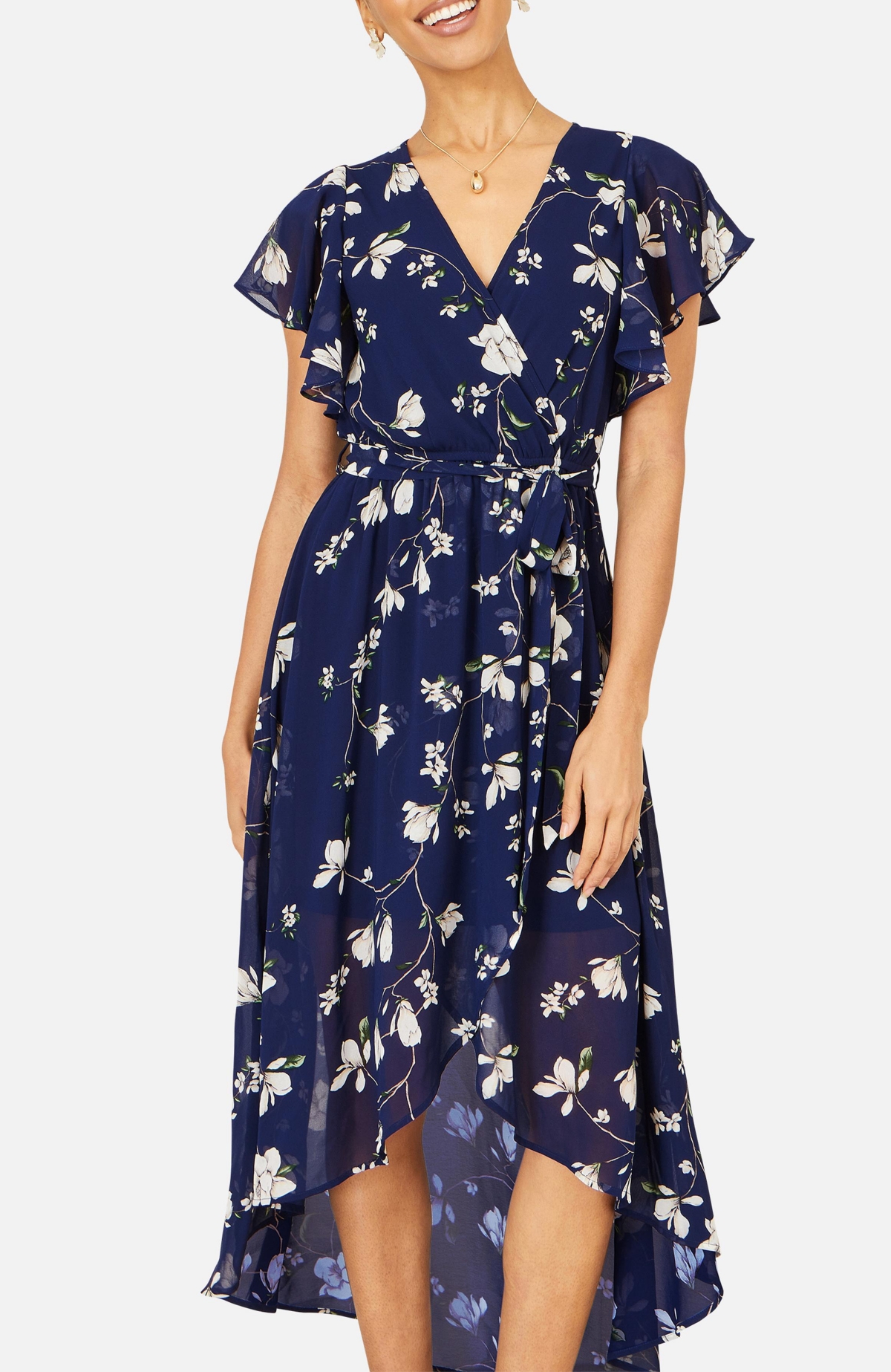 Yumi Women's Floral Frill Hem Wrap Midi Dress