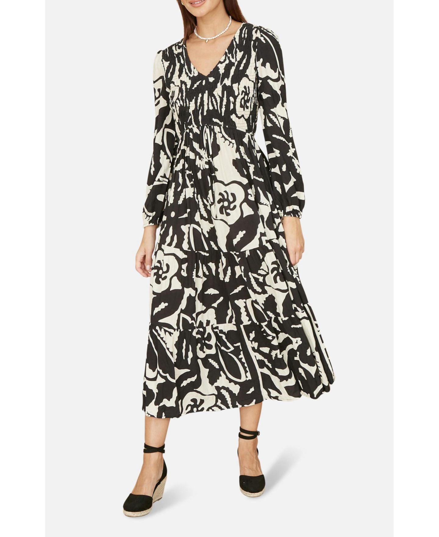 Женское платье Yumi Abstract Print Ruched V-Neck Midi, цвет: Чёрный — фото 3