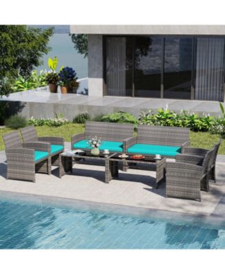8PCS Patio Outdoor Conversation Set w/Seat Cushions & Tempered Glass Tabletop