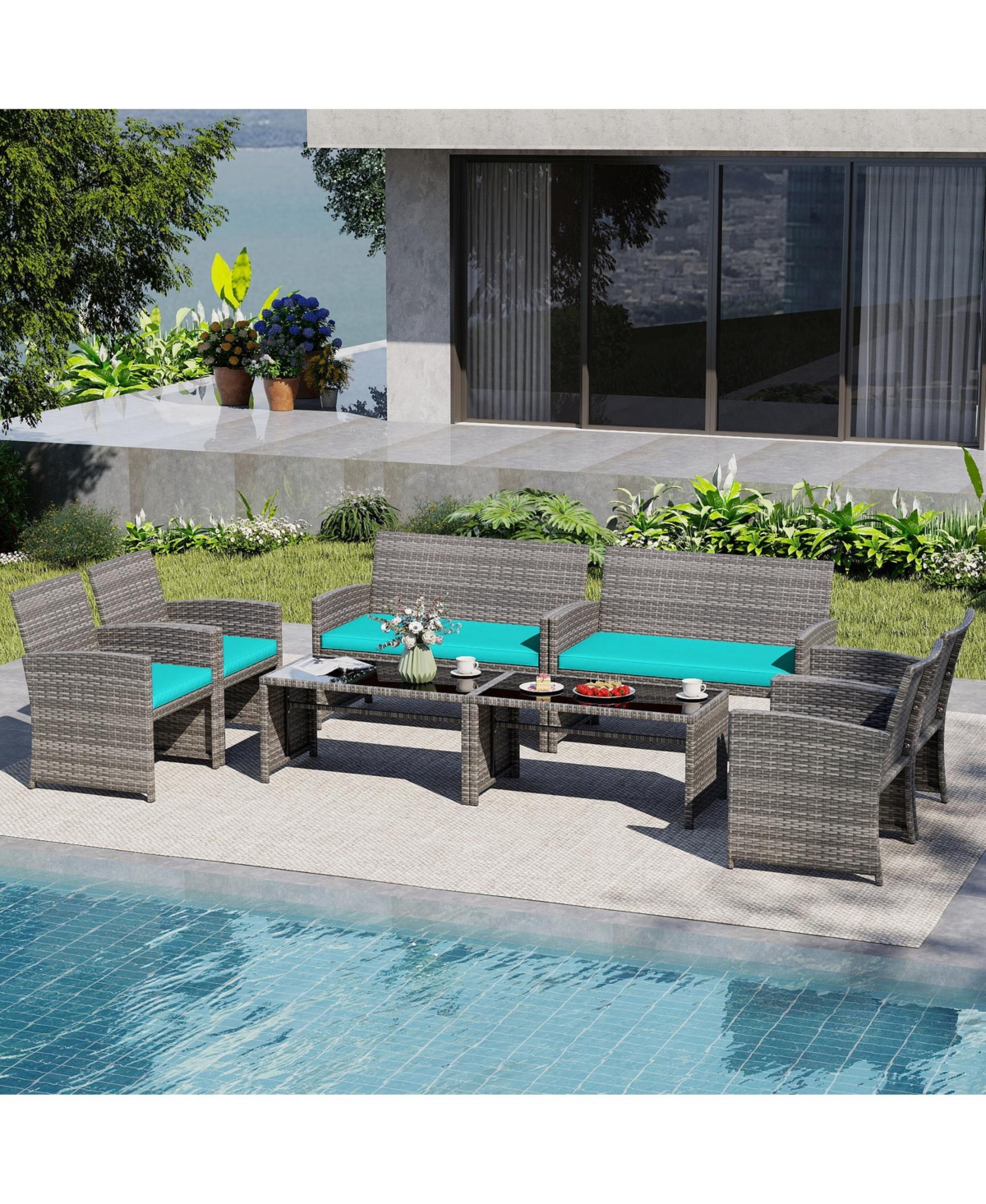 Gymax 8PCS Patio Outdoor Conversation Set w/Seat Cushions & Tempered Glass Tabletop