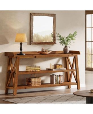 3-Tier Solid Wood Console Table with X-Shaped Frame, 63-Inch Farmhouse Entryway Table, Sofa Console Behind Couch