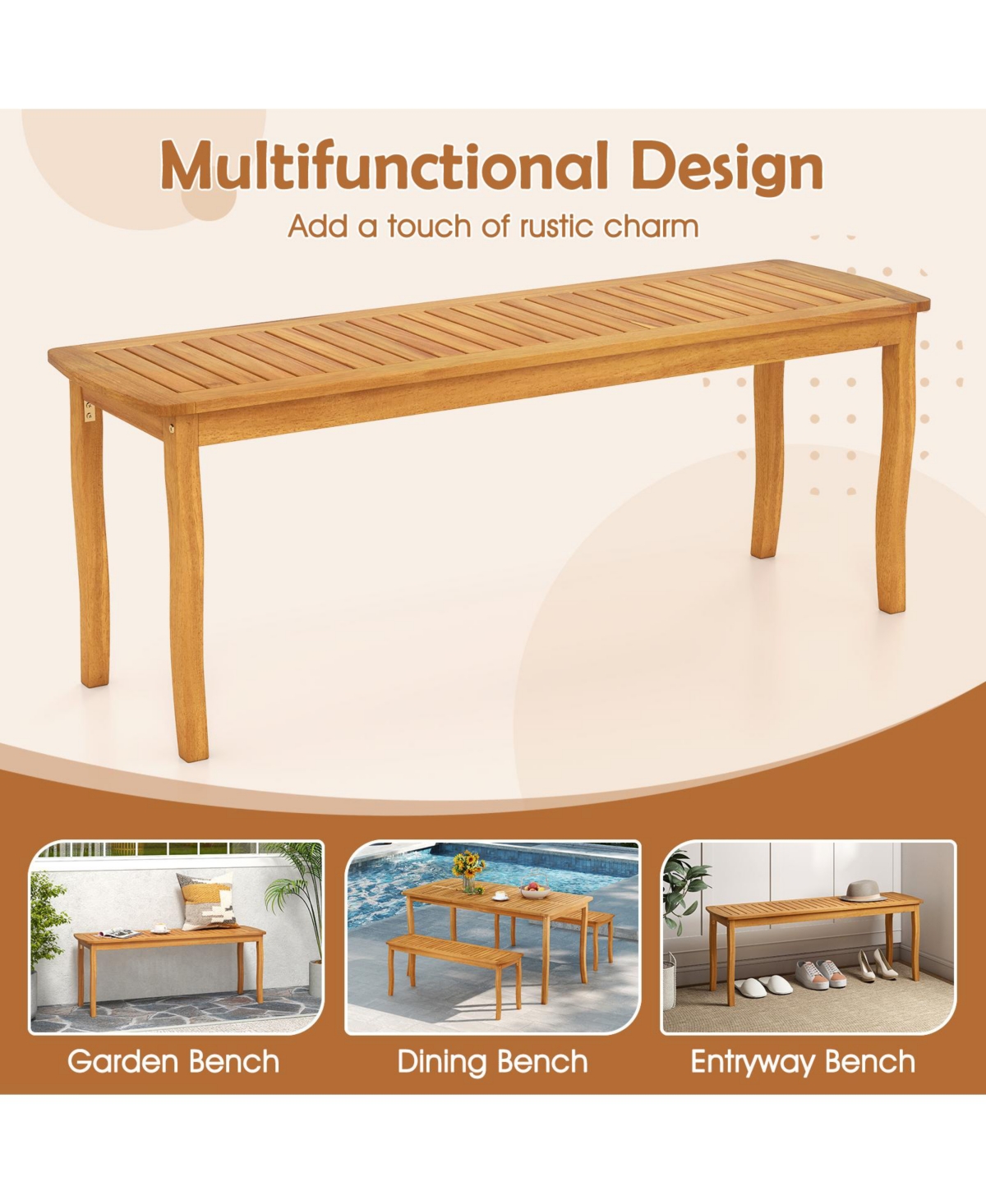 Gymax Long Patio Dining Bench w/ Slatted Seat Backless Wooden Picnic Bench