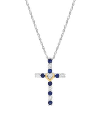 Created Sapphire (3/8 ct. t.w.) & Created White Sapphire (1/3 ct. t.w.) Cross Pendant Necklace in 14k Yellow Gold-Plated Sterling Silver
