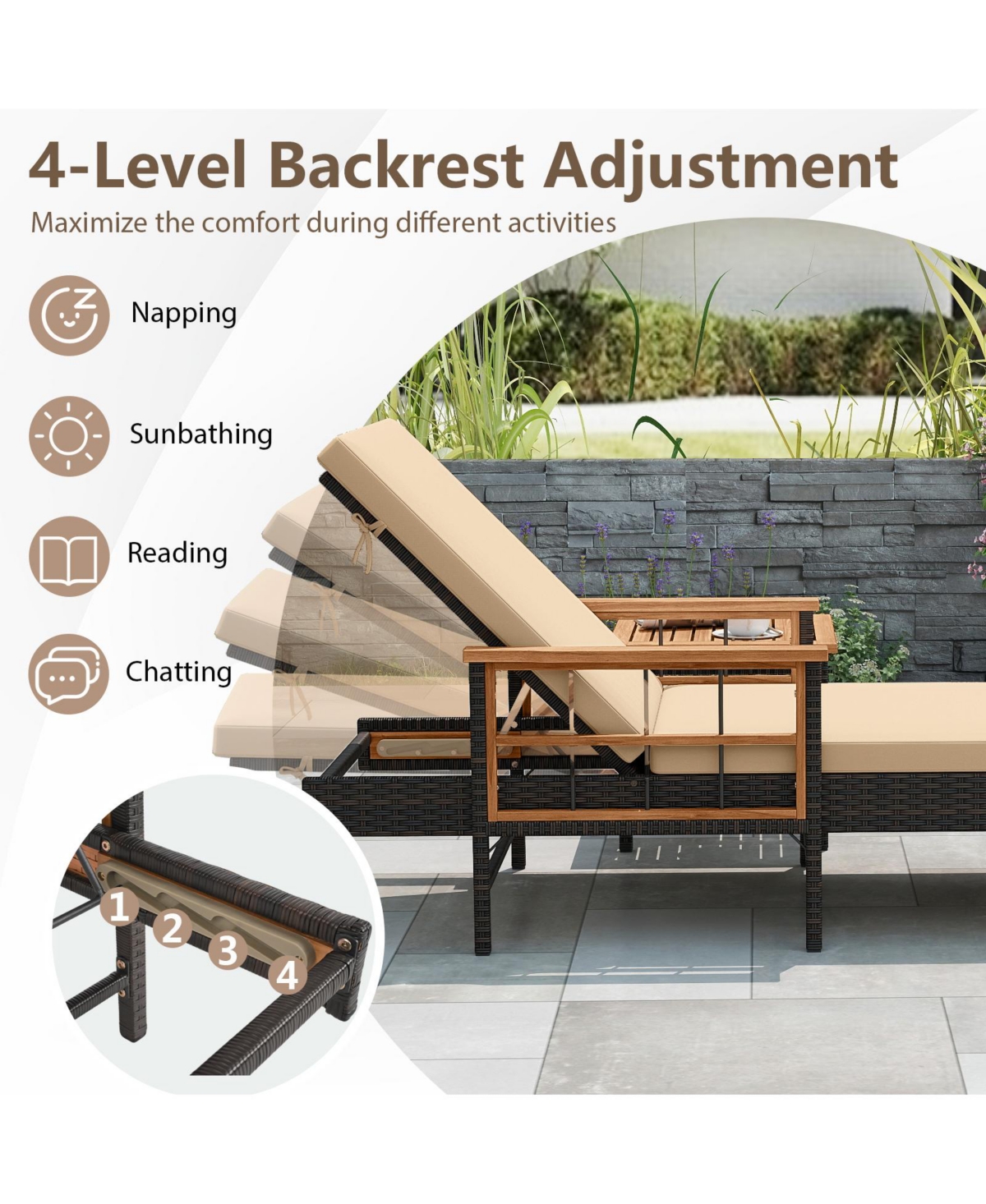 Gymax 2 Pcs Patio Rattan Chaise Lounge w/ Side Table Outdoor Reclining Chair Set