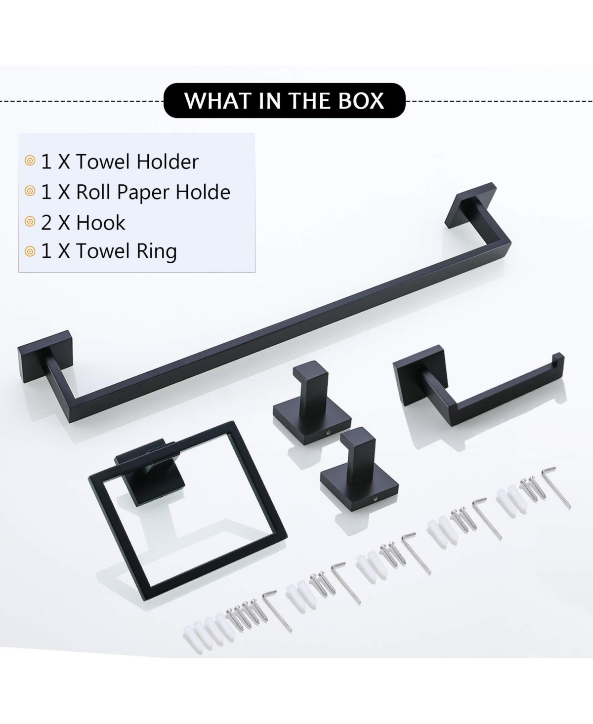 Rainsken 5 Pieces Bathroom Hardware Set, Towel Bar, Towel Holder, Toilet Paper Holder and Towel Hook, Stainless Steel Bath Accessories Kit