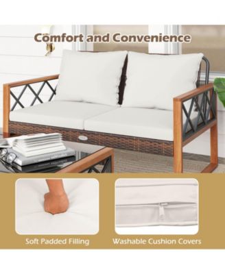 2 Pieces Patio PE Wicker Furniture Set Outdoor Acacia Wood Loveseat for Porch