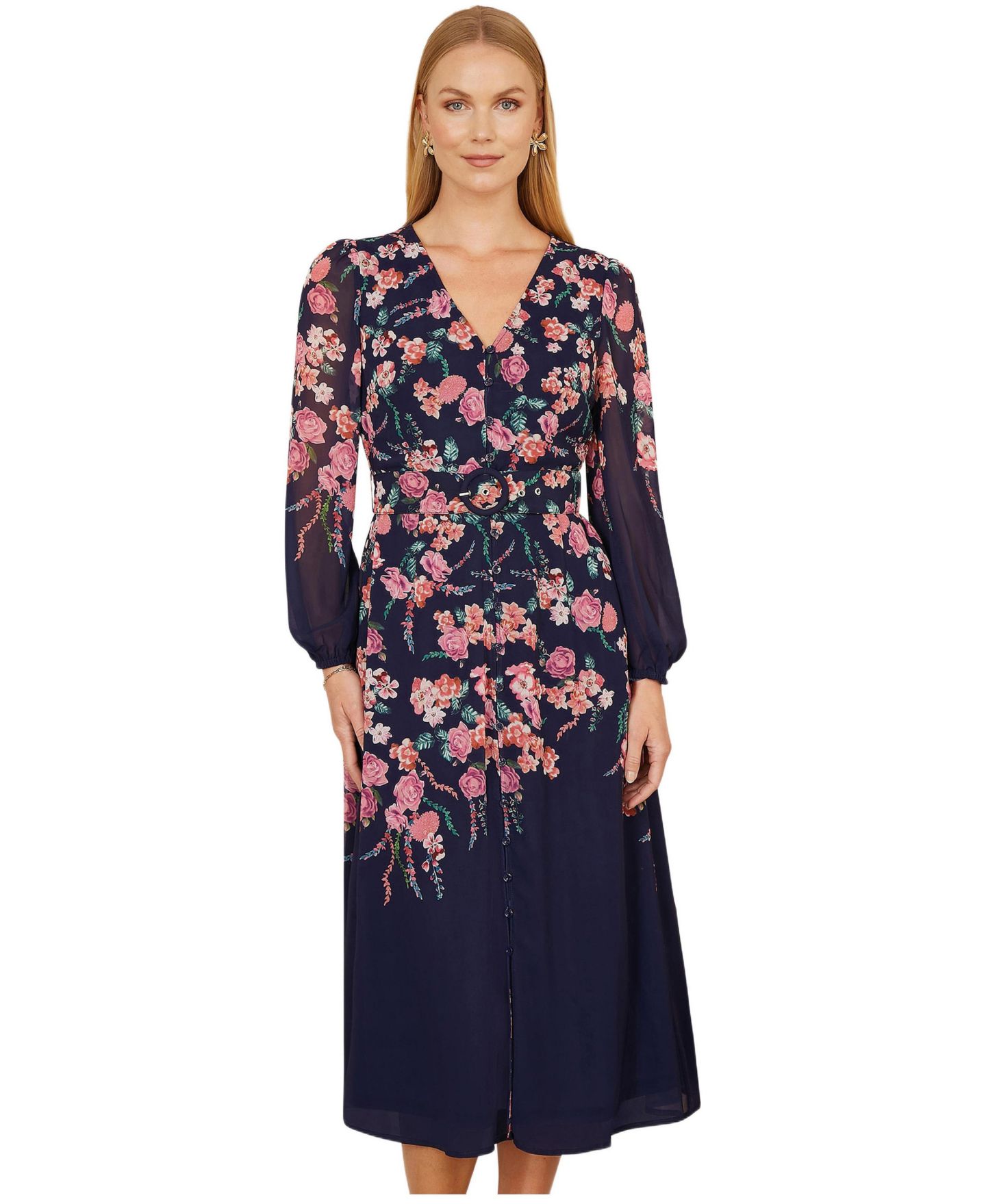Женское платье Yumi Belted Floral Midi, цвет: Тёмно-синий — фото 4