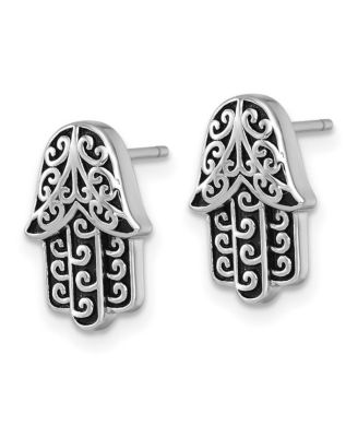 925 Sterling Silver Rhodium Plated Oxidized Hamsa Hand of God Stud Earrings 13x10mm 13.1mm long Stud Earring