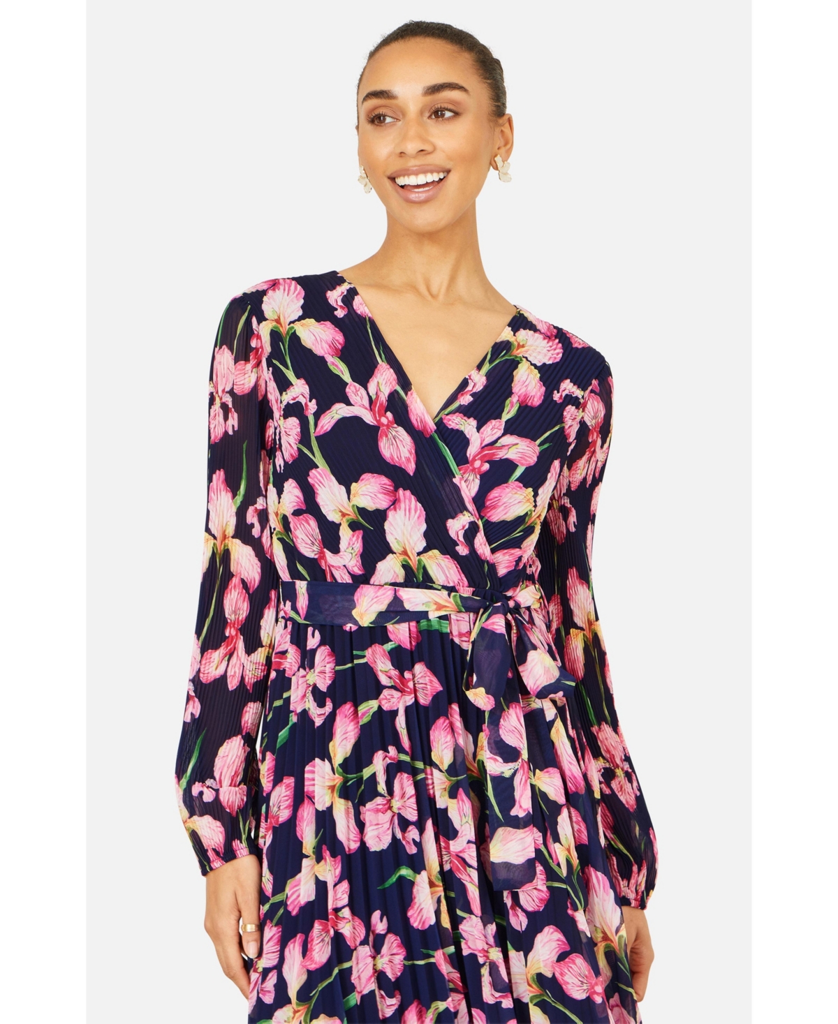 Yumi Women's Orchid Floral Pleated Wrap Maxi Dress