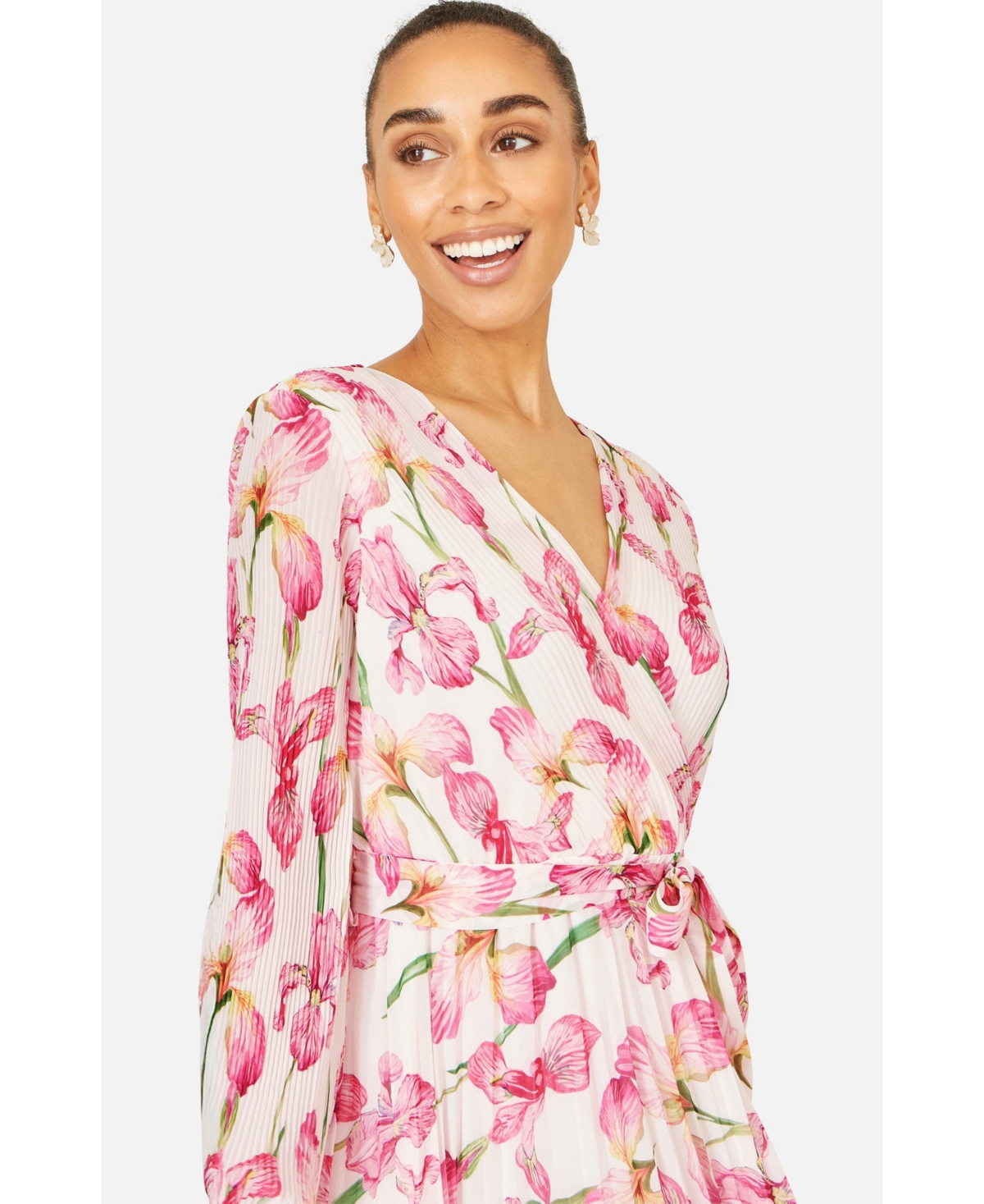 Yumi Women's Orchid Floral Pleated Wrap Maxi Dress