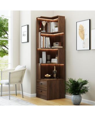 4 Tier Corner Bookshelf - L Shaped Bookcase, Freestanding Display Stand with Baffle, Led Lights and 2 Drawers for Living Room, Home Office