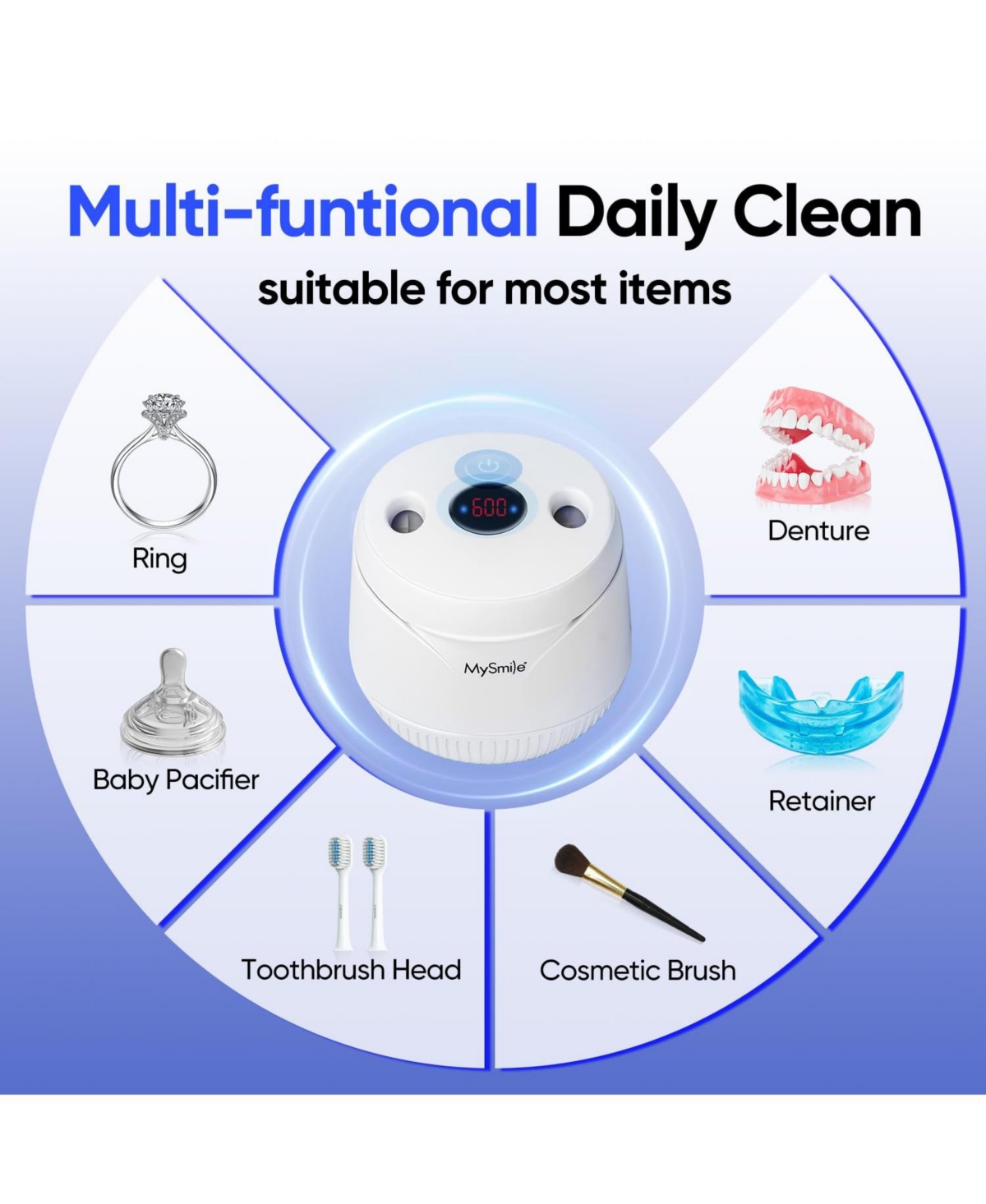 MySmile Ultrasonic Retainer Cleaner, 45kHz Retainer Cleaner Machine with Digital Timer, 200ML Portable Ultrasonic Retainer Jewelry Cleaner for Denture