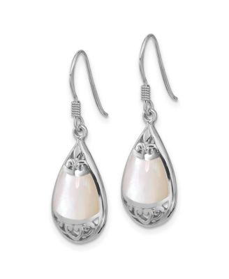925 Sterling Silver Rhodium Plated Teardrop Mother of Pearl Filigree Boho Hook Earrings 33x11mm 33.3x10.45mm Wide Stud Earring