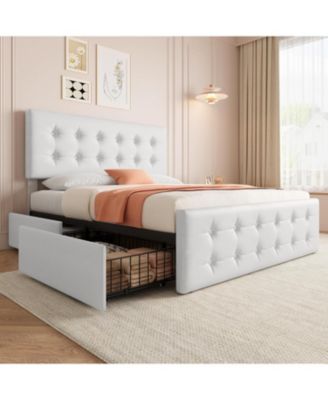 Bed Frame with 4 Storage Drawers and Headboard, Faux Leather Upholstered Platform Bed Frame with Wooden Slats Support, Button Tufted