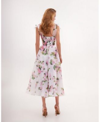 Womens Tender Floral Midi Tie-Strap Dress