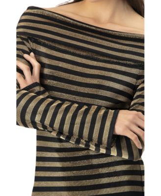 Women's Bardot Neckline Striped Long Sleeve Blouse