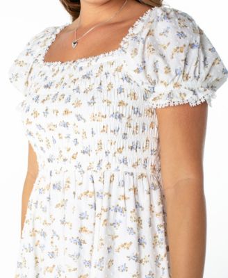 Juniors' Textured Floral Printed Puff-Sleeve Midi Dress