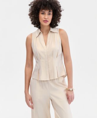 Women's Metallic Linen-Blend Sleeveless Collared Shirt