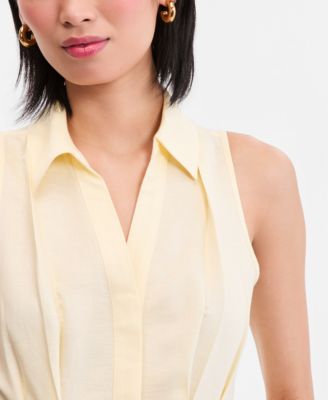 Women's Sleeveless Collared Linen Button-Down Shirt