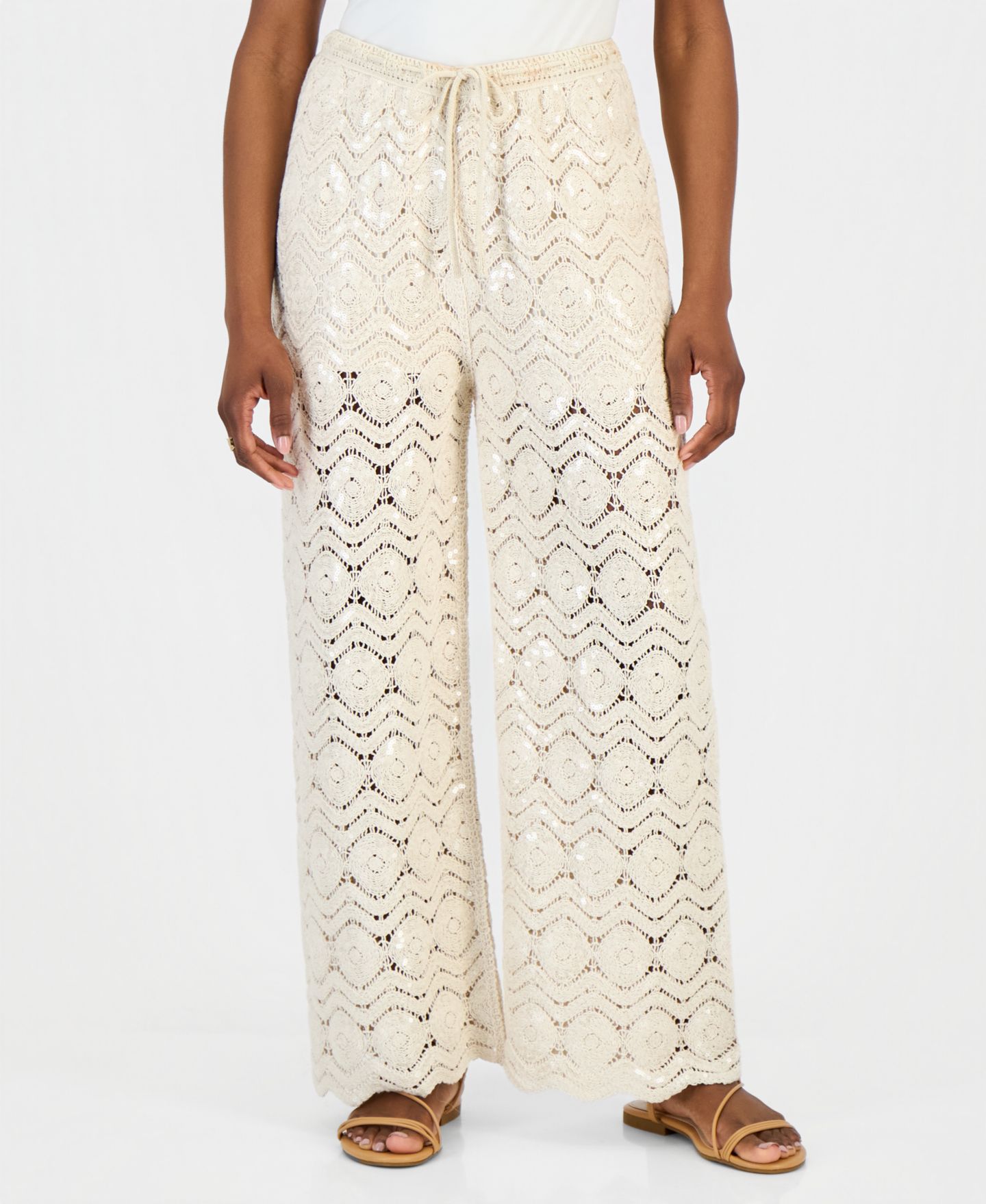 Женские брюки And Now This Petite Sequin Crochet Wide-Leg, цвет: Льняной — фото 4