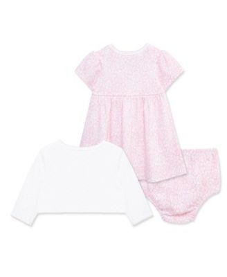Baby Girls' Rose Printed Dress, Cardigan and Diaper Cover, 3-Piece Set