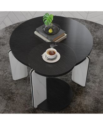  32.68" & 16.93" Round Coffee/End Table Set - Black Oak Veneer, Sintered Stone Legs