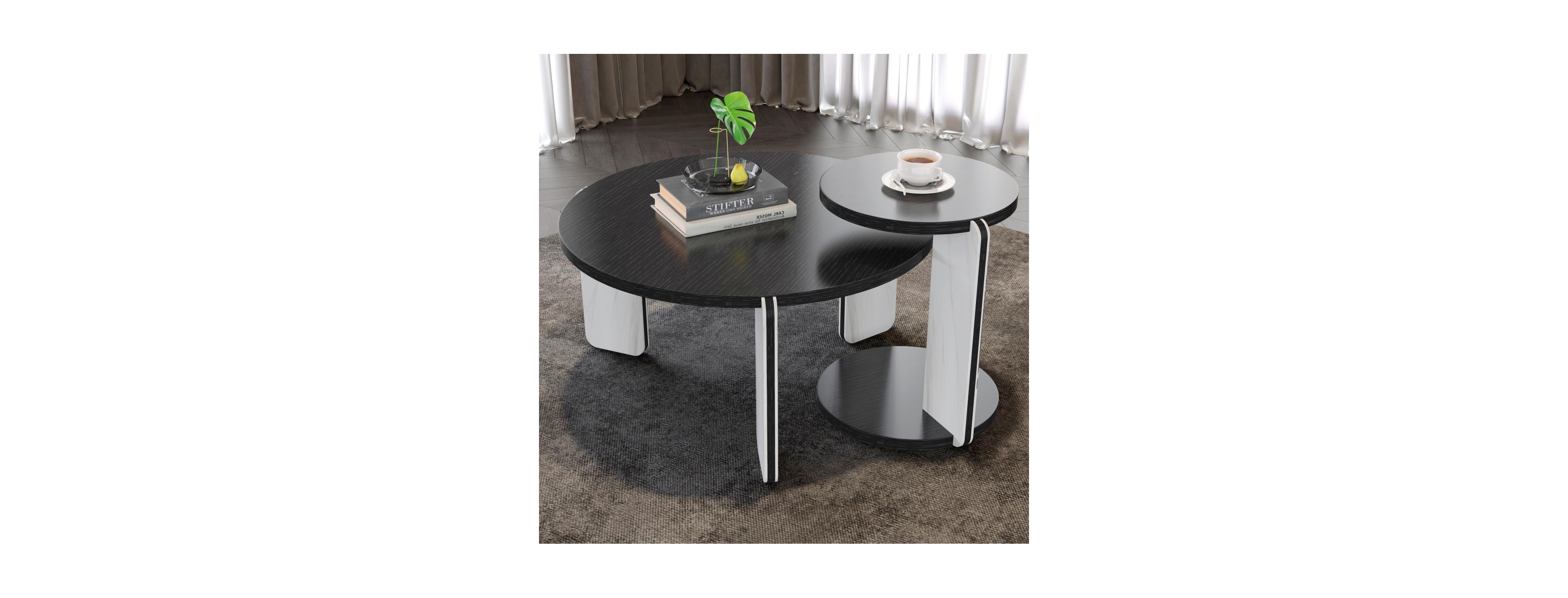 Streamdale Furniture 32.68" & 16.93" Round Coffee/End Table Set - Black Oak Veneer, Sintered Stone Legs