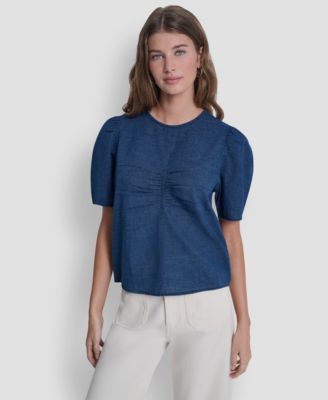 Petite Puff-Sleeve Crewneck Ruched Front Shirt