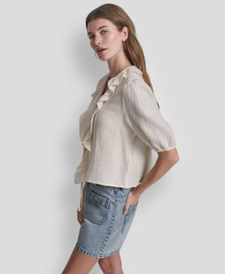 Petite Puff Short-Sleeve Tie-Front V-Neck Shirt