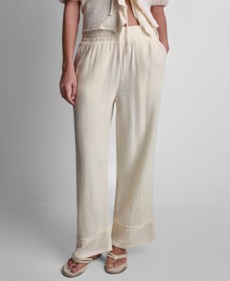 Petite Smocked Encased Elastic Waistband Ankle Length Pants