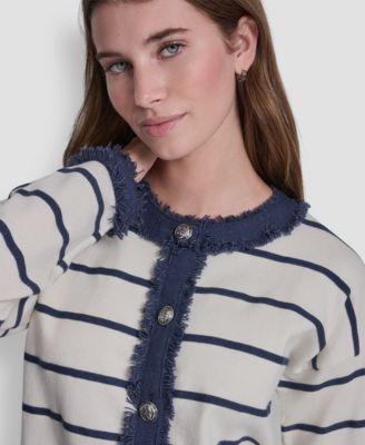 Petite Denim Fringe Crewneck Striped Cardigan