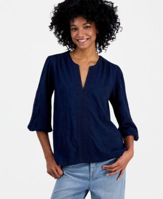 Women's Split-Neck Eyelet-Embroidered Top