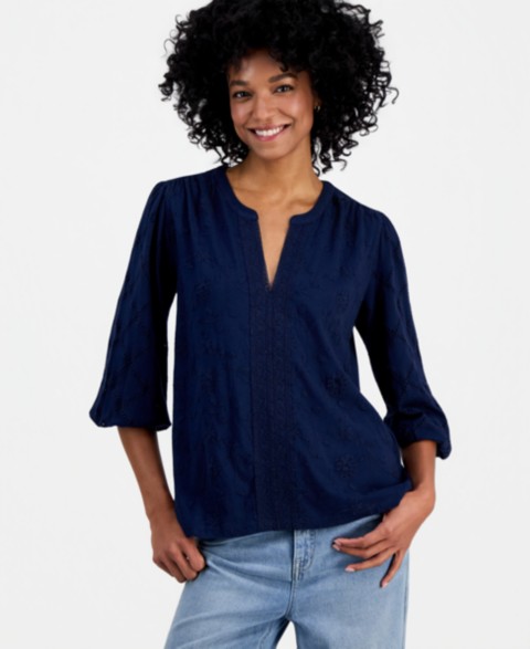 Женские платья Style & Co Women's Split-Neck Eyelet-Embroidered Top