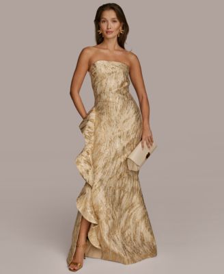 Women's Metallic Ruffled Strapless Gown