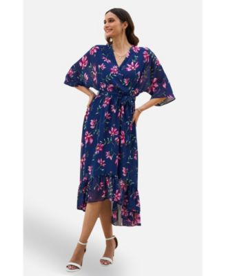 Women's Floral Kimono Wrap Dipped Hem Midi Dress