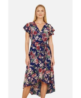 Women's Floral Wrap Midi Dress With Frill Hem