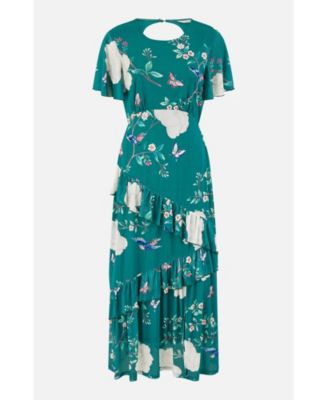 Women's Mesh Bird And Floral Print Midi Dress