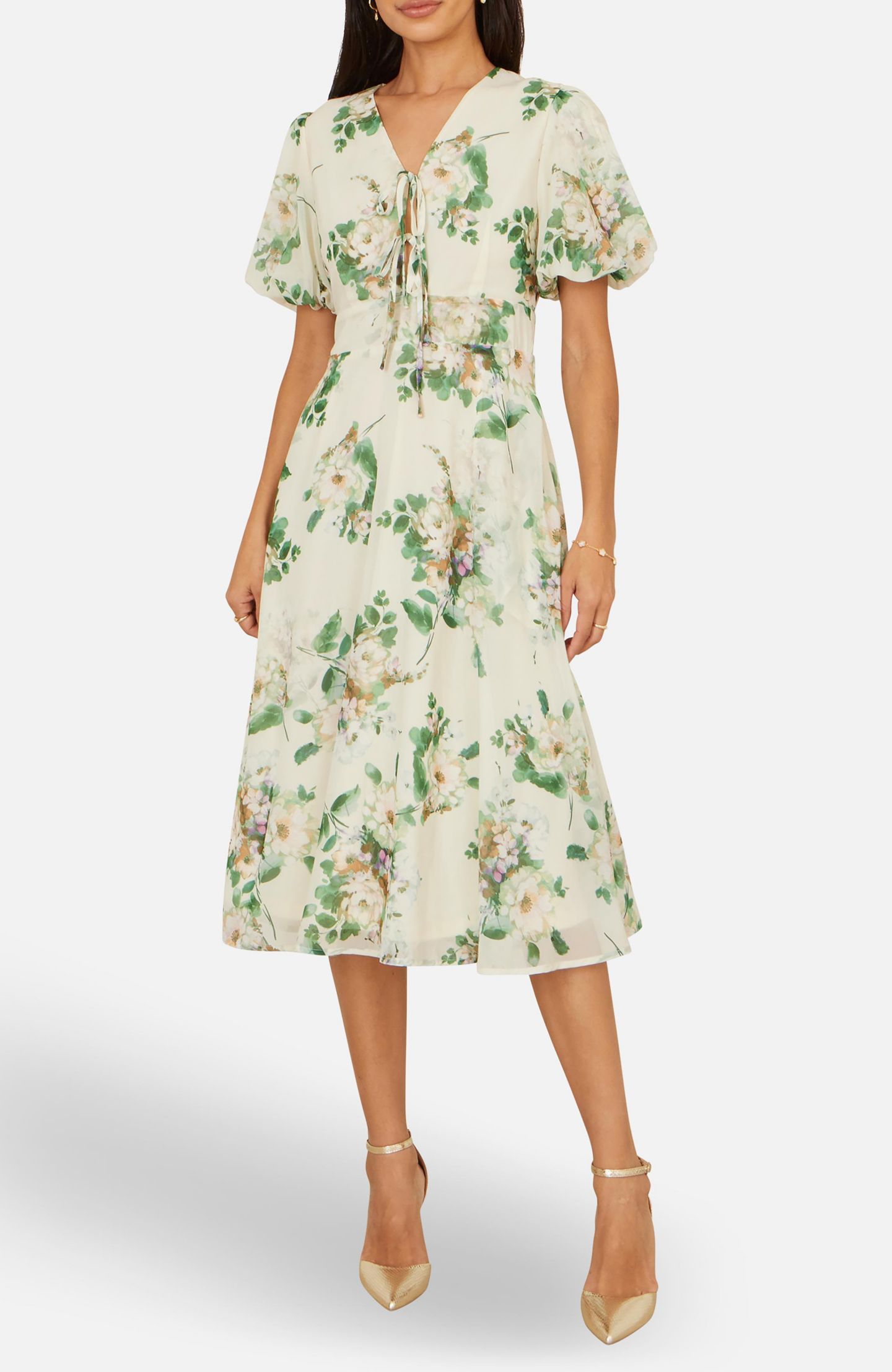 Женское платье Yumi Floral Front Tie Detail Tea, цвет: Слоновая кость — фото 5
