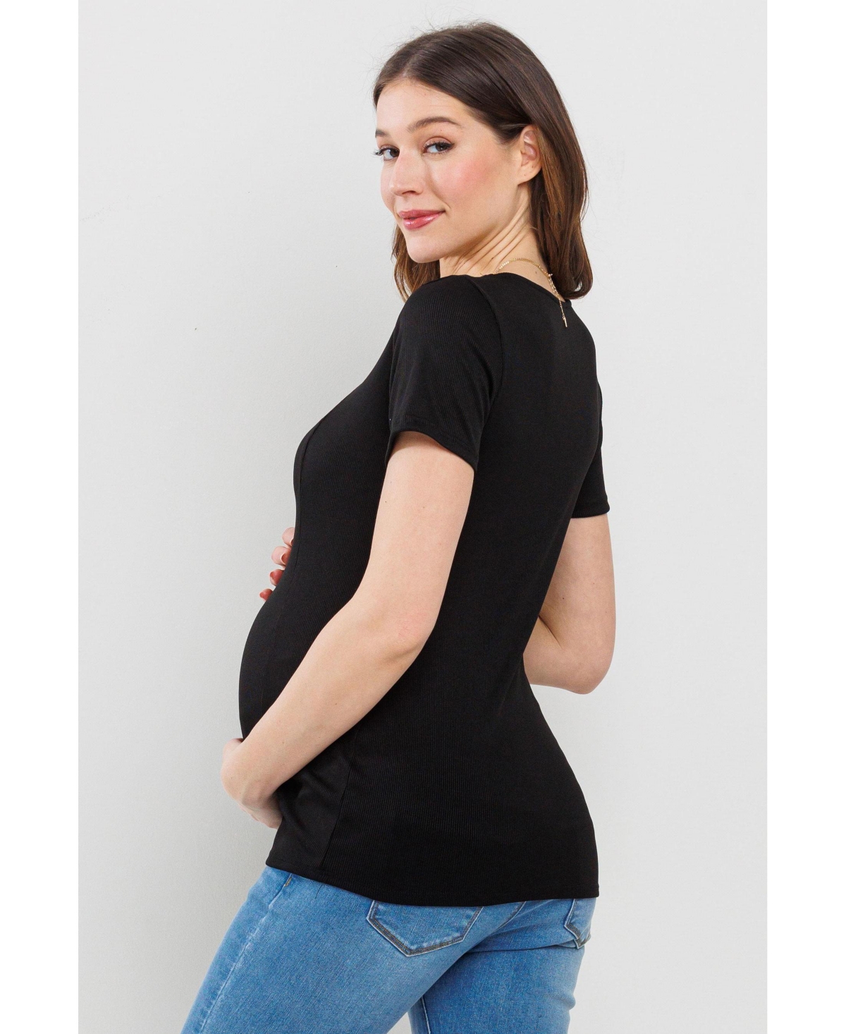 Hello Miz Maternity Ribbed Short Sleeve Sweetheart Neck Top